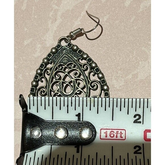 Pierced Earrings Silver Tone Filigree Mid Century Modernist Victorian Goth - Picture 8 of 9